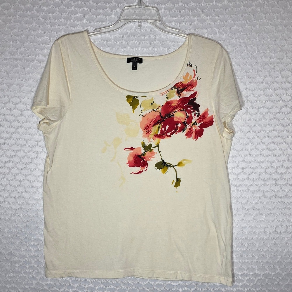 Talbots Petites XL Cream Floral Beaded Short Sleeve Scoop Neck T-Shirt Top